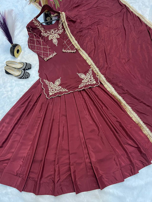 Innovative Dark Pink Color Natural Crepe Silk Bids Hand Work With Sequence With Embroidery And Zari Work Lehenga Suit