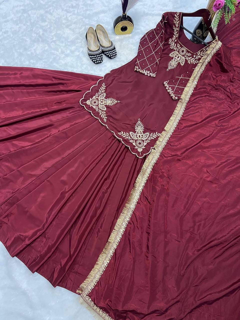 Innovative Dark Pink Color Natural Crepe Silk Bids Hand Work With Sequence With Embroidery And Zari Work Lehenga Suit
