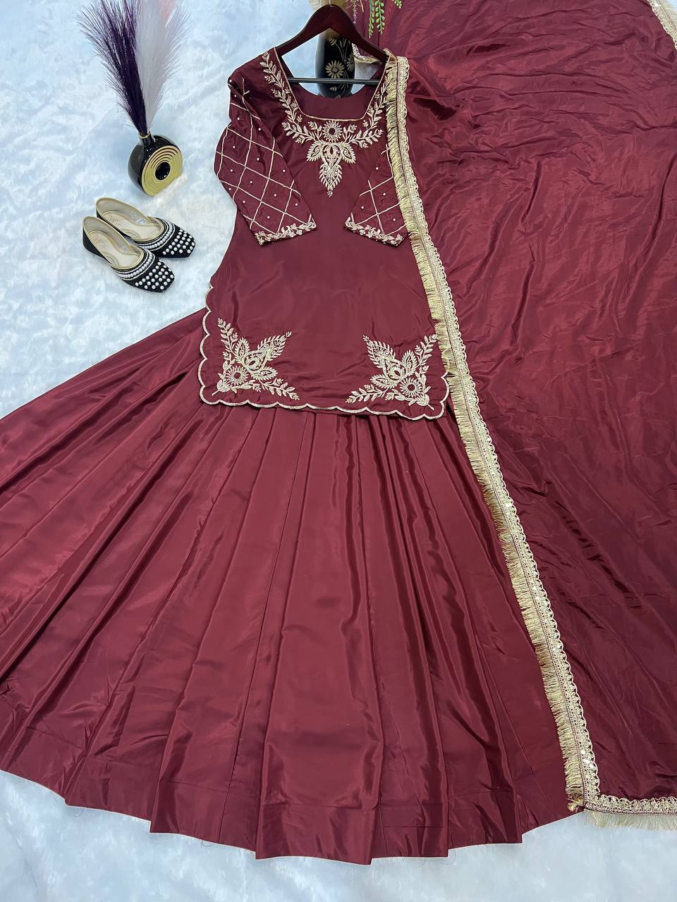 Innovative Dark Pink Color Natural Crepe Silk Bids Hand Work With Sequence With Embroidery And Zari Work Lehenga Suit
