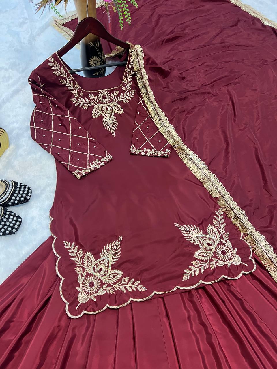Innovative Dark Pink Color Natural Crepe Silk Bids Hand Work With Sequence With Embroidery And Zari Work Lehenga Suit