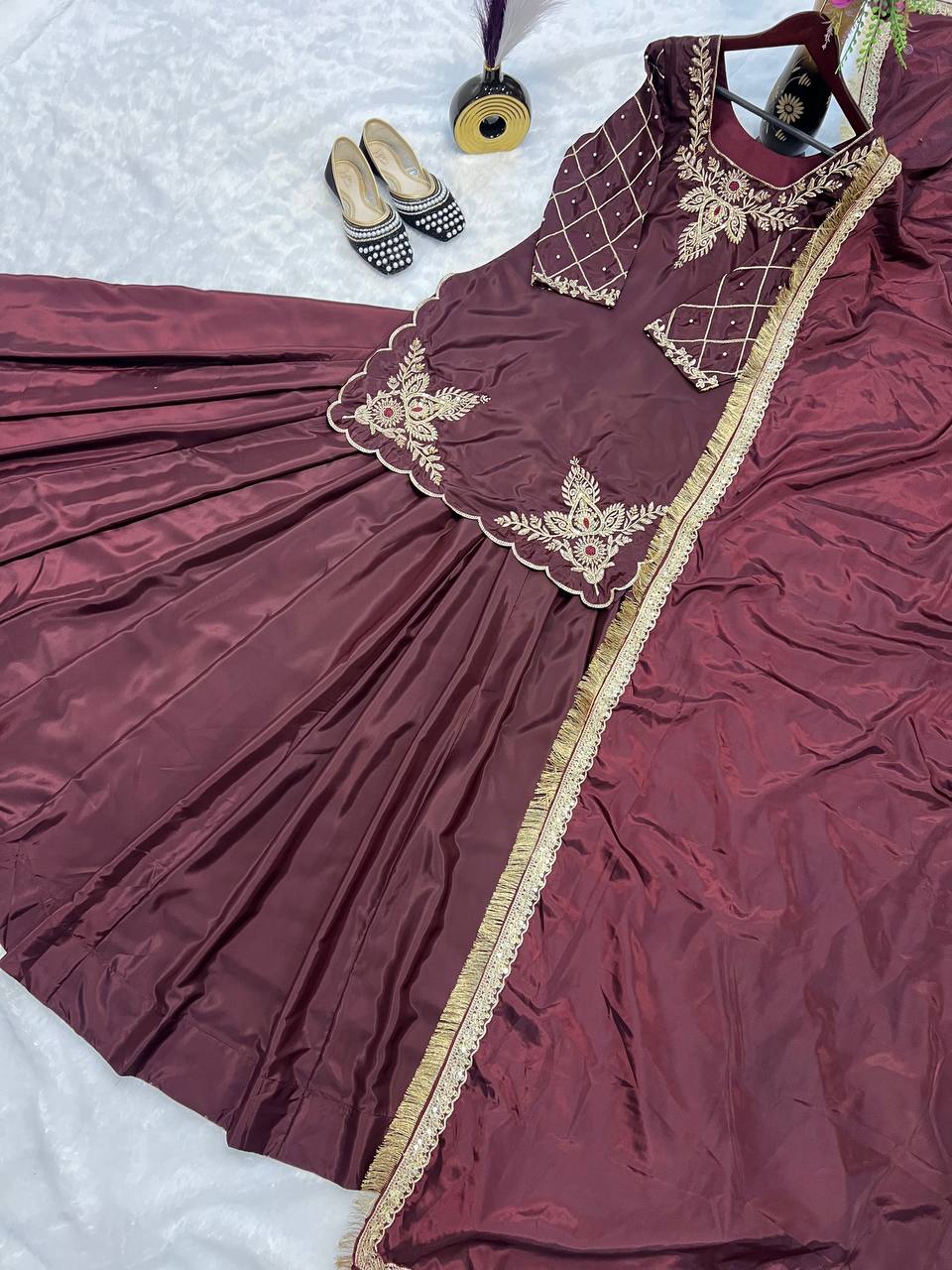 Gorgeous Wine Color Natural Crepe Silk Bids Hand Work With Sequence With Embroidery And Zari Work Lehenga Suit
