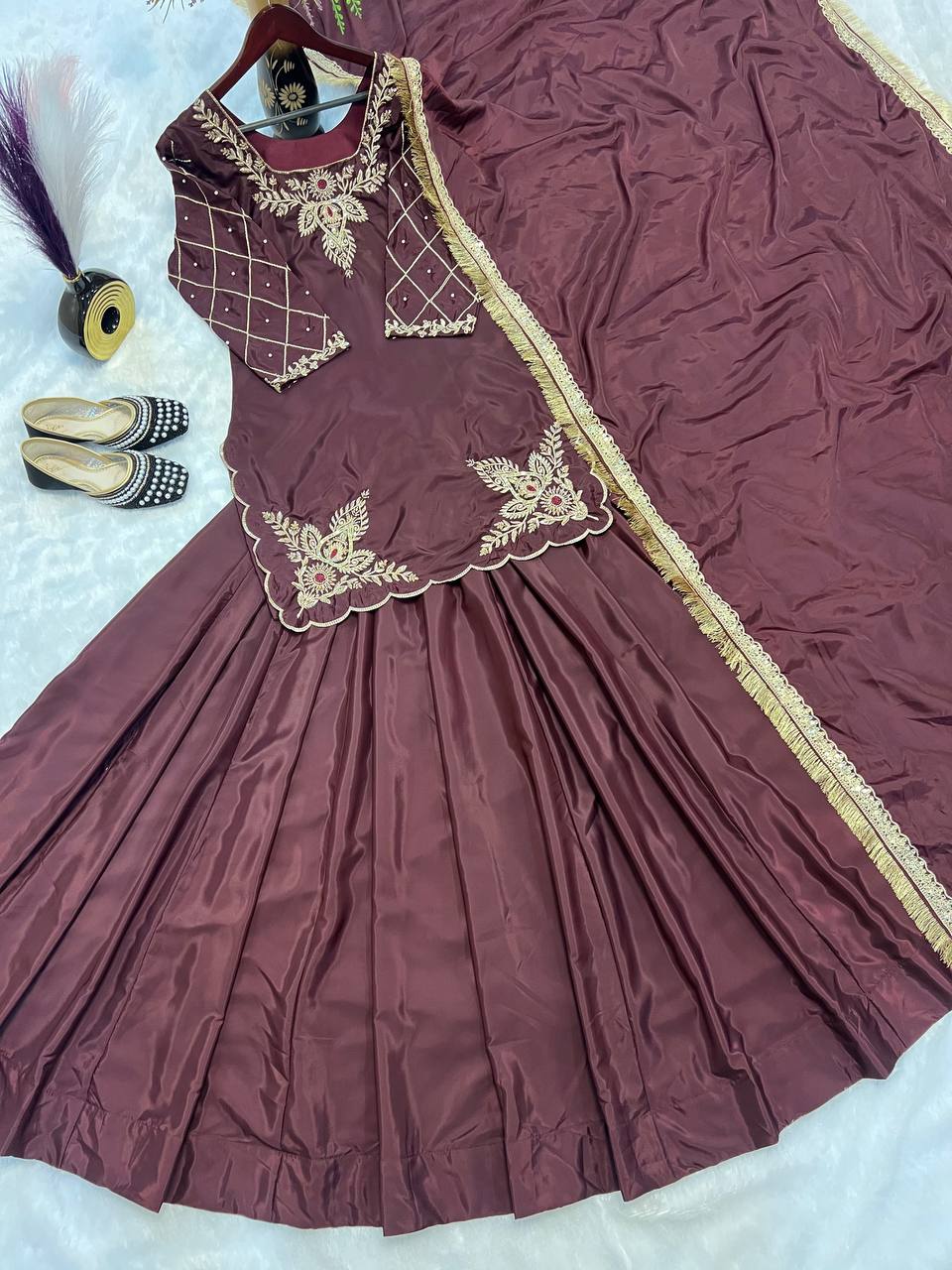 Gorgeous Wine Color Natural Crepe Silk Bids Hand Work With Sequence With Embroidery And Zari Work Lehenga Suit