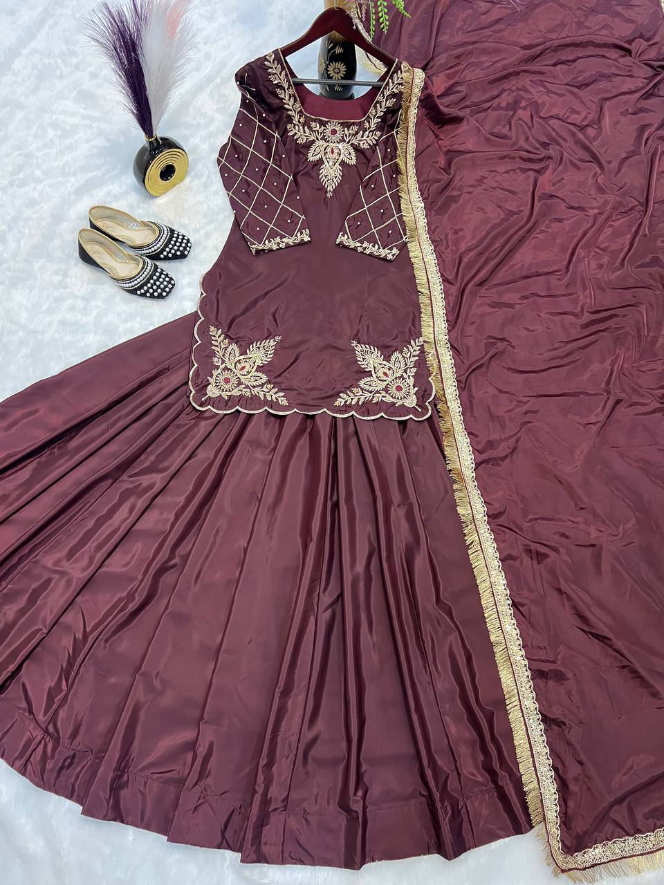 Gorgeous Wine Color Natural Crepe Silk Bids Hand Work With Sequence With Embroidery And Zari Work Lehenga Suit
