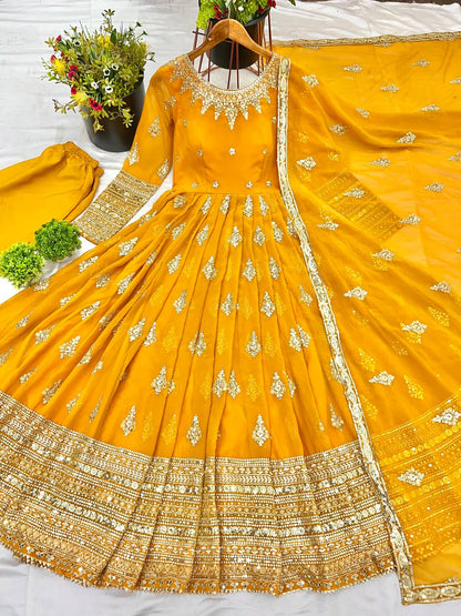Function Wear Yellow Faux Georgette With Full Heavy Embroidery Sequence Work Gown