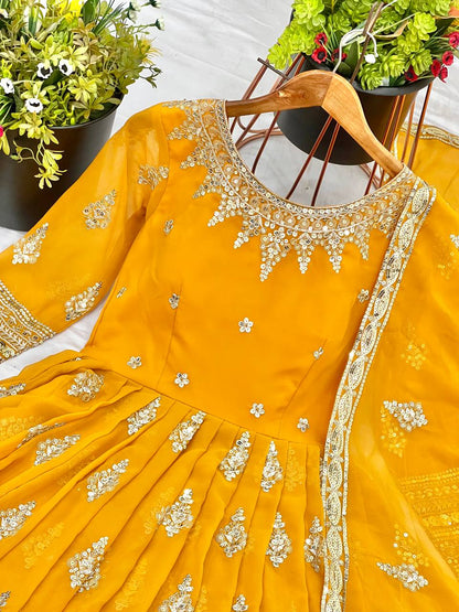Function Wear Yellow Faux Georgette With Full Heavy Embroidery Sequence Work Gown