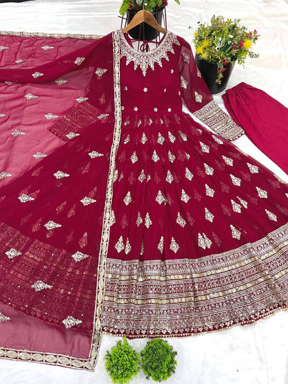 Function Wear Maroon Faux Georgette With Full Heavy Embroidery Sequence Work Gown