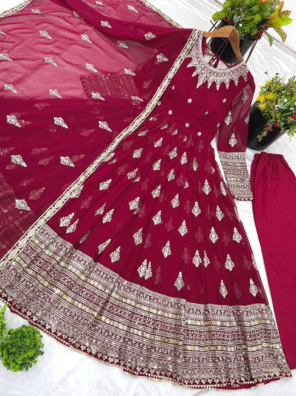 Function Wear Maroon Faux Georgette With Full Heavy Embroidery Sequence Work Gown