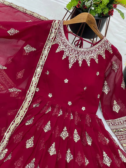 Function Wear Maroon Faux Georgette With Full Heavy Embroidery Sequence Work Gown