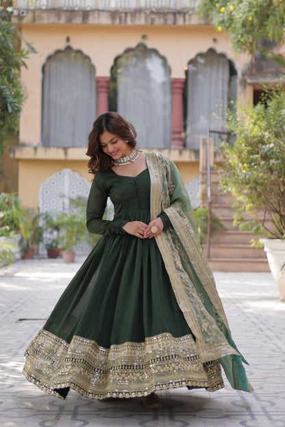 Mesmerizing Green Color Shimmer Vichitra With Rich Sequins Embroidered Work Designer Gown