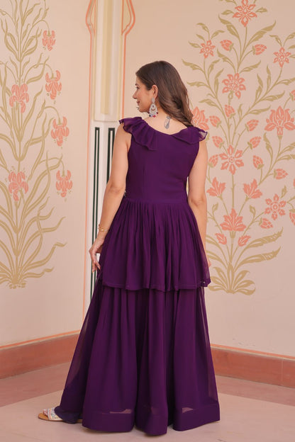 Ravishing Purple Color Faux Blooming With Beads Embroidered Work Gown