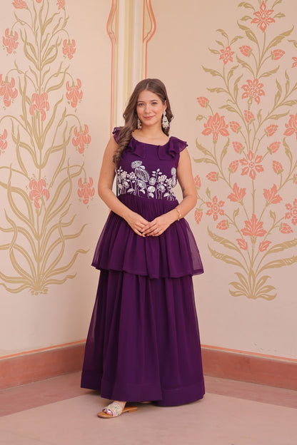 Ravishing Purple Color Faux Blooming With Beads Embroidered Work Gown