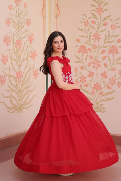 Blissful Red Color Faux Blooming With Beads Embroidered Work Gown