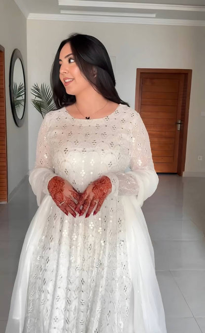 Dazzling White Color Faux Blooming With Heavy Sequins And Thread Embroidered Work Palazzo Suit