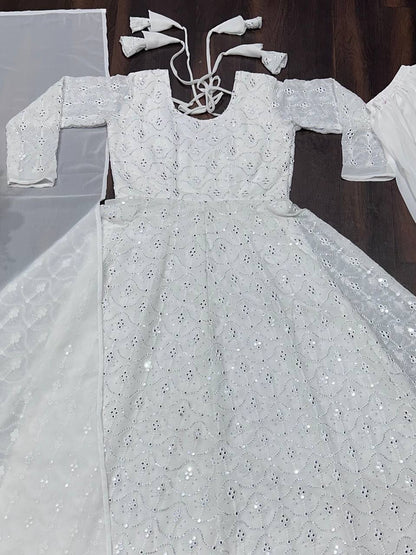 Dazzling White Color Faux Blooming With Heavy Sequins And Thread Embroidered Work Palazzo Suit