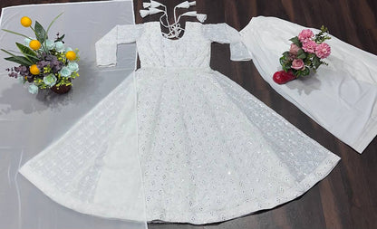Dazzling White Color Faux Blooming With Heavy Sequins And Thread Embroidered Work Palazzo Suit