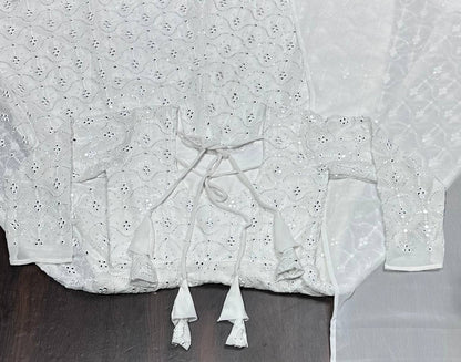 Dazzling White Color Faux Blooming With Heavy Sequins And Thread Embroidered Work Palazzo Suit