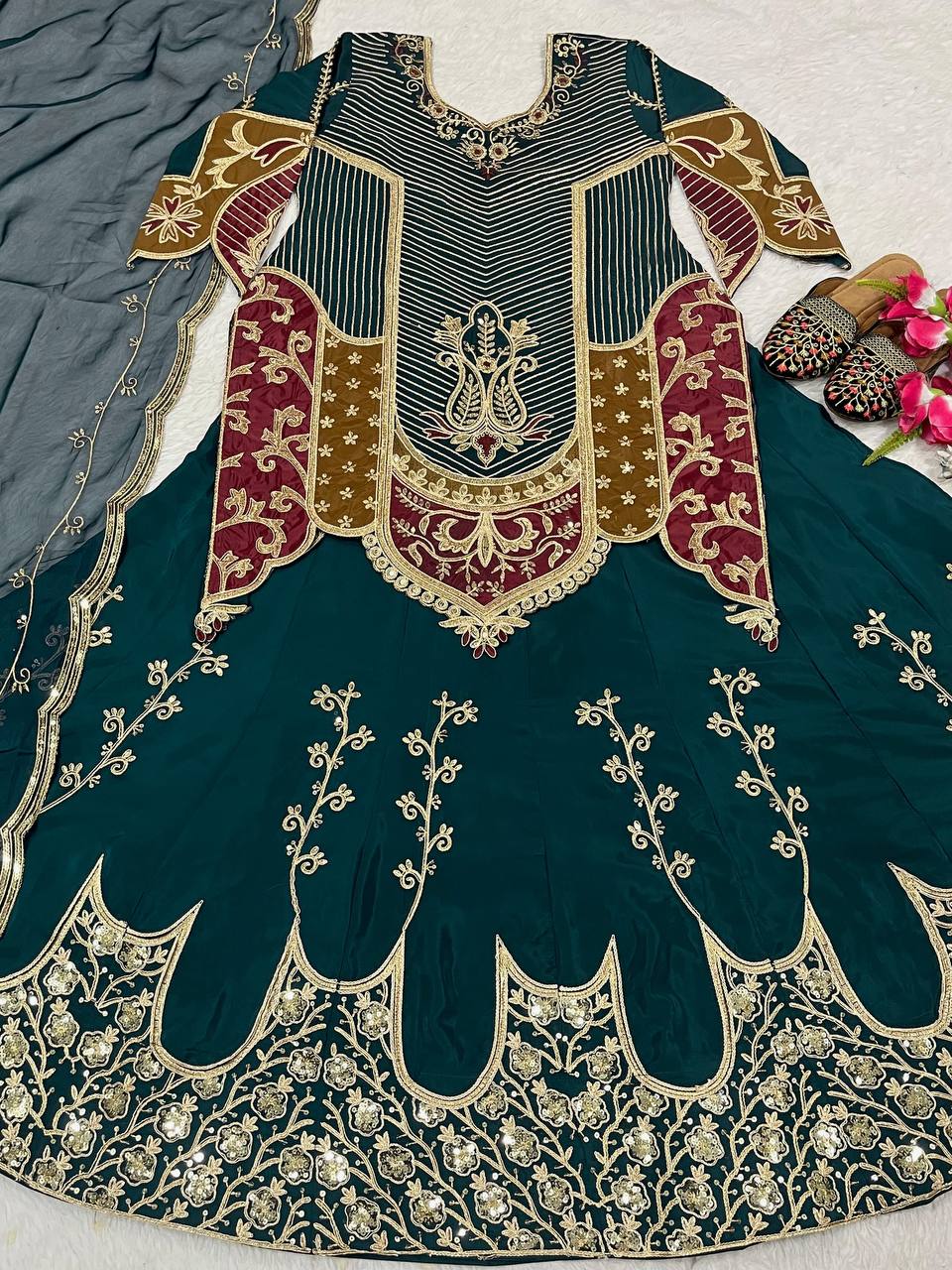 Luxuriant Teal Green Color Natural Crepe Silk Embroidery Sequence Work Top With Lehenga