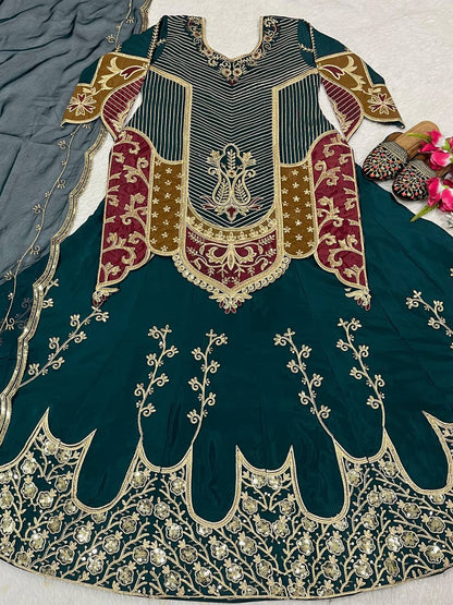 Luxuriant Teal Green Color Natural Crepe Silk Embroidery Sequence Work Top With Lehenga