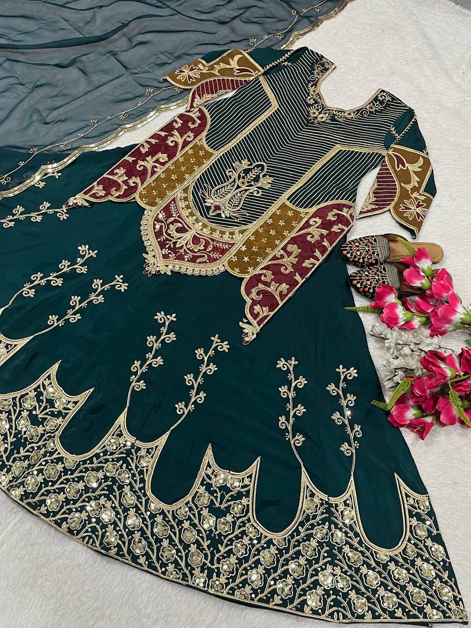Luxuriant Teal Green Color Natural Crepe Silk Embroidery Sequence Work Top With Lehenga