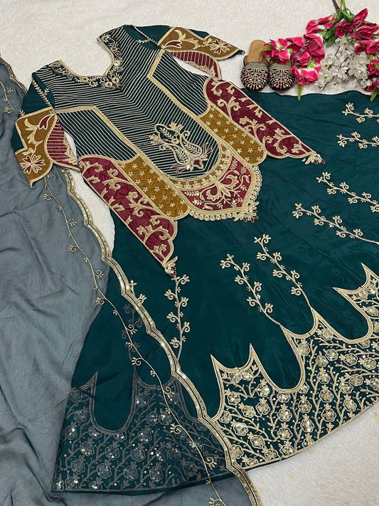 Luxuriant Teal Green Color Natural Crepe Silk Embroidery Sequence Work Top With Lehenga