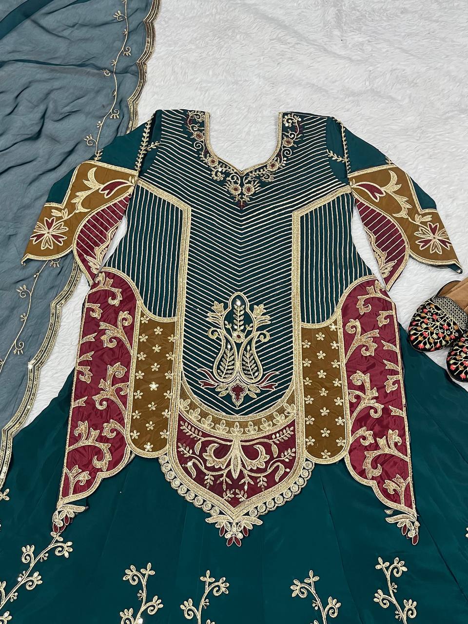 Luxuriant Teal Green Color Natural Crepe Silk Embroidery Sequence Work Top With Lehenga