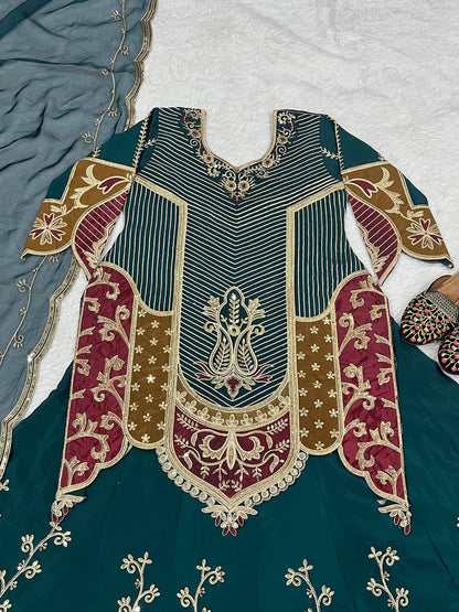 Luxuriant Teal Green Color Natural Crepe Silk Embroidery Sequence Work Top With Lehenga