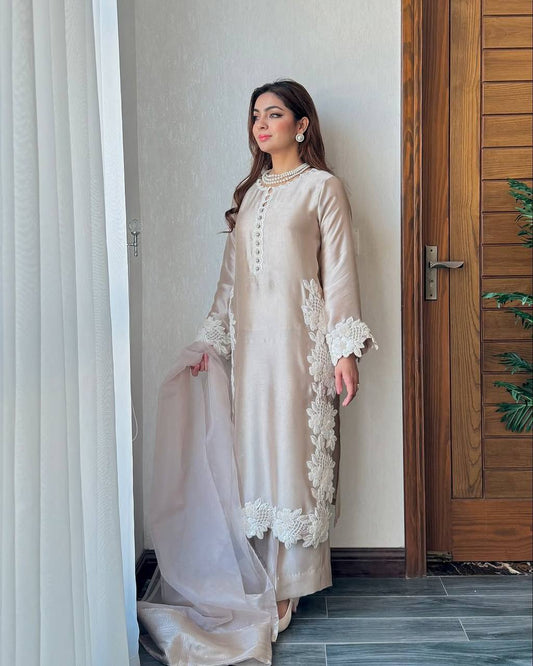 Party Wear Cream Color Heavy Natural Silk With Embroidery Work Salwar Suit