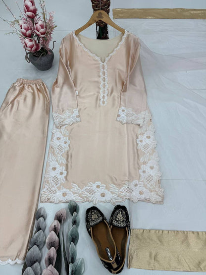 Party Wear Cream Color Heavy Natural Silk With Embroidery Work Salwar Suit