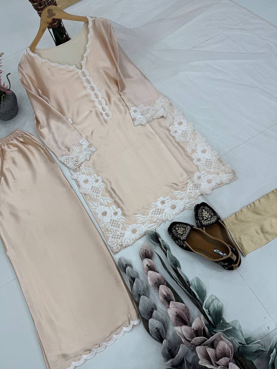 Party Wear Cream Color Heavy Natural Silk With Embroidery Work Salwar Suit