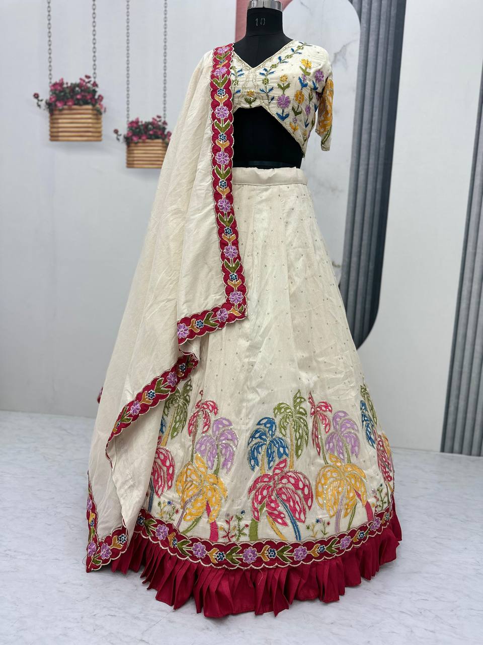 Ceremony Wear Cream Color Tissue Simmer Silk And Embroidery Sequence Work Lehenga Choli