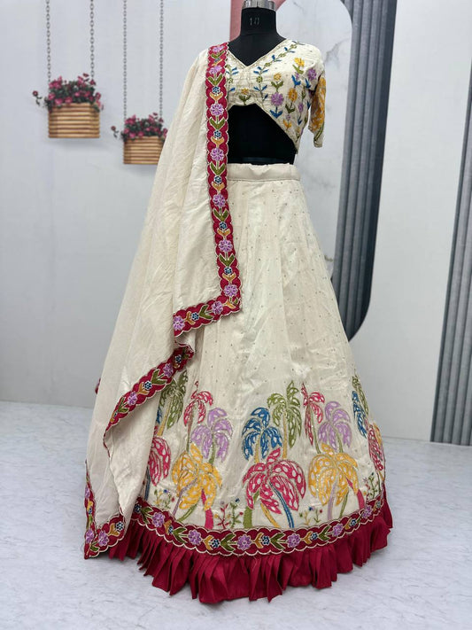 Ceremony Wear Cream Color Tissue Simmer Silk And Embroidery Sequence Work Lehenga Choli