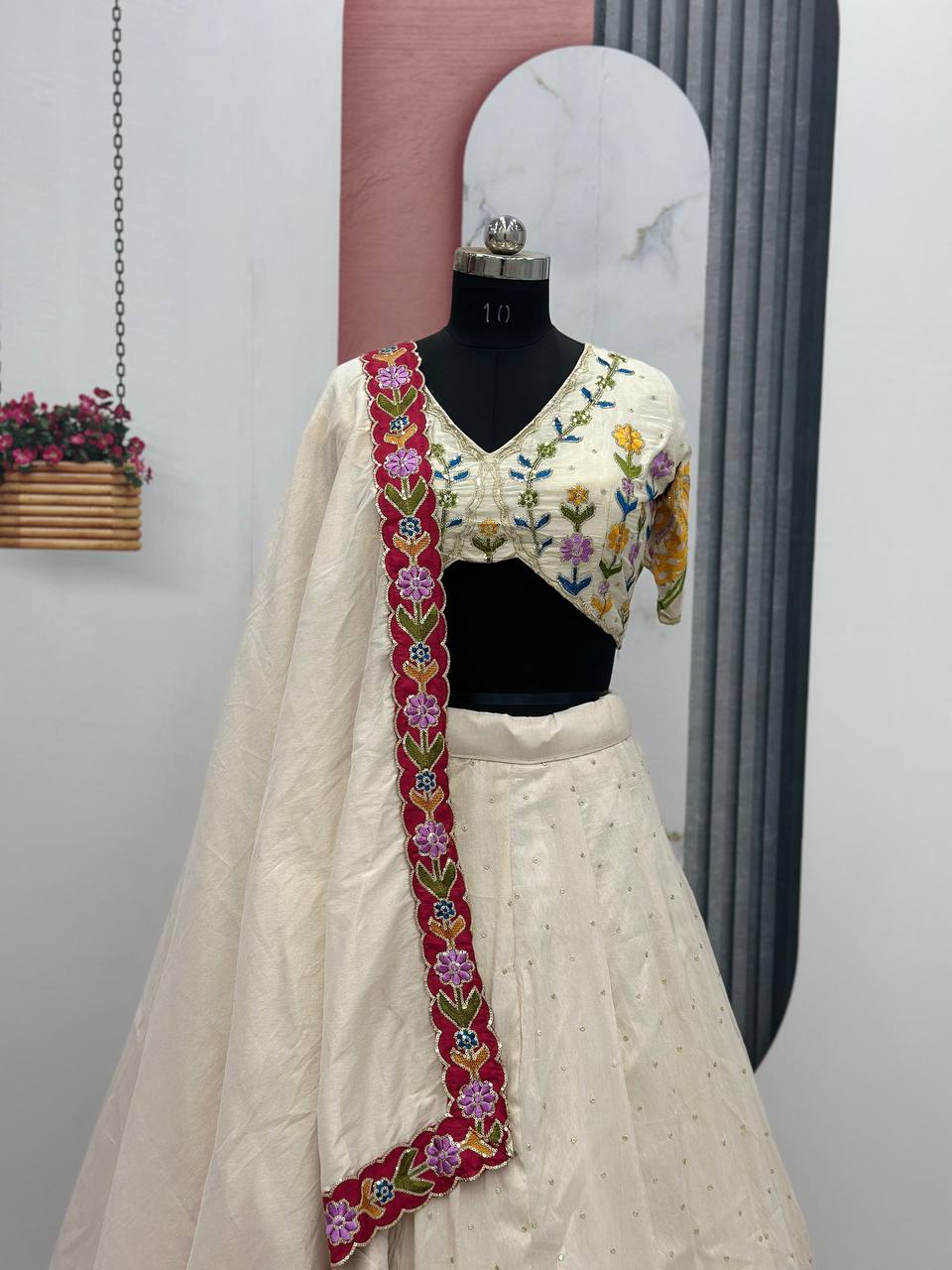 Ceremony Wear Cream Color Tissue Simmer Silk And Embroidery Sequence Work Lehenga Choli
