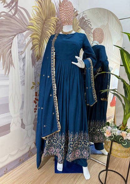 Festive Wear Teal Blue Color Embroidery Work On Daman Patta Gown With Flair