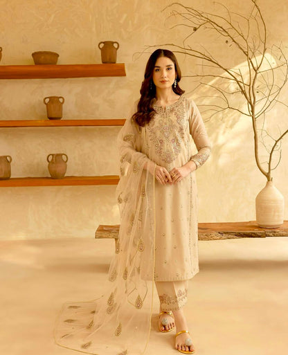 Designer Beige Color Roman Silk Embroidered Salwar Suit Set