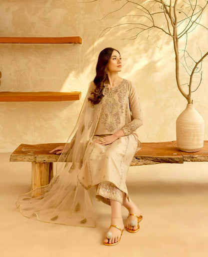 Designer Beige Color Roman Silk Embroidered Salwar Suit Set
