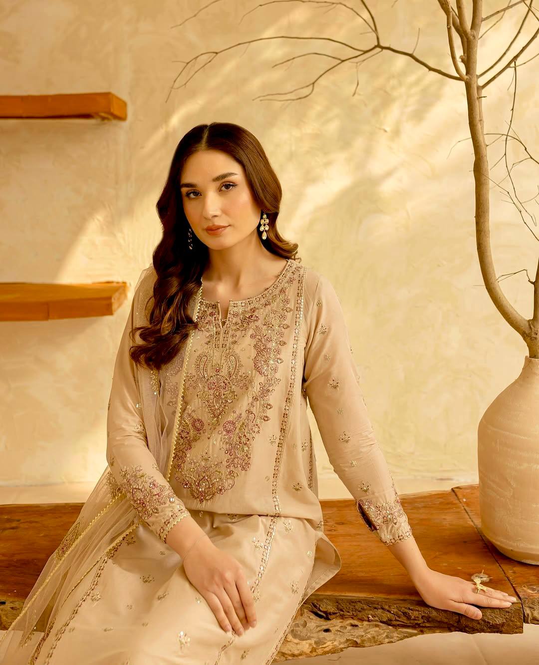 Designer Beige Color Roman Silk Embroidered Salwar Suit Set