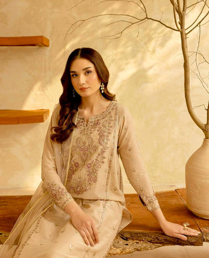Designer Beige Color Roman Silk Embroidered Salwar Suit Set