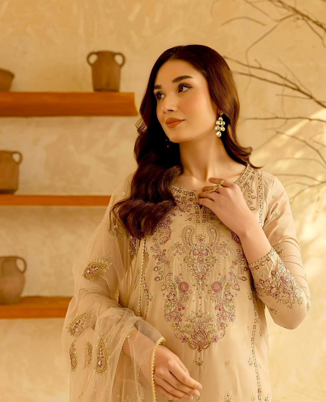 Designer Beige Color Roman Silk Embroidered Salwar Suit Set
