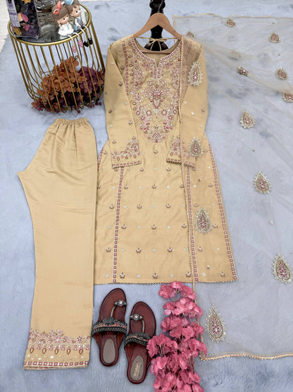 Designer Beige Color Roman Silk Embroidered Salwar Suit Set