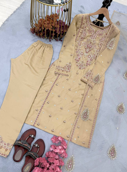Designer Beige Color Roman Silk Embroidered Salwar Suit Set