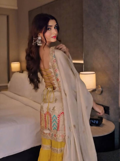 Party Wear Heavy Chinon Silk Embroidered Sharara Suit Set