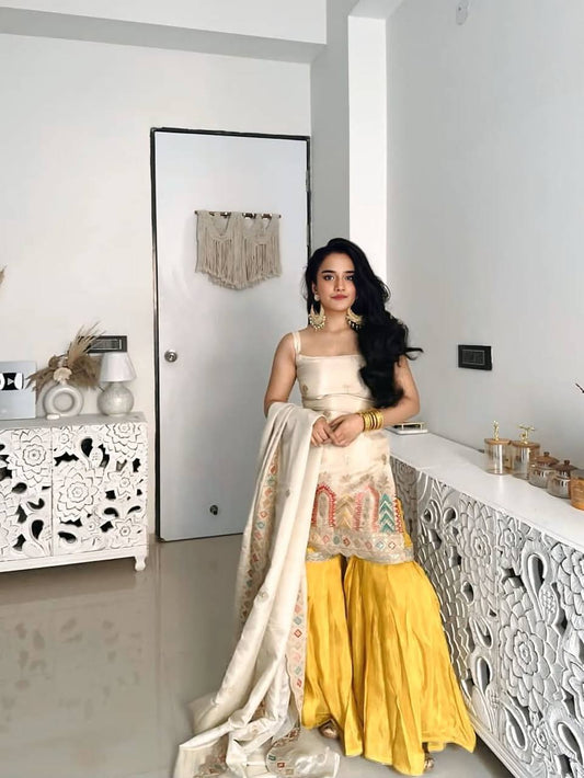 Party Wear Heavy Chinon Silk Embroidered Sharara Suit Set