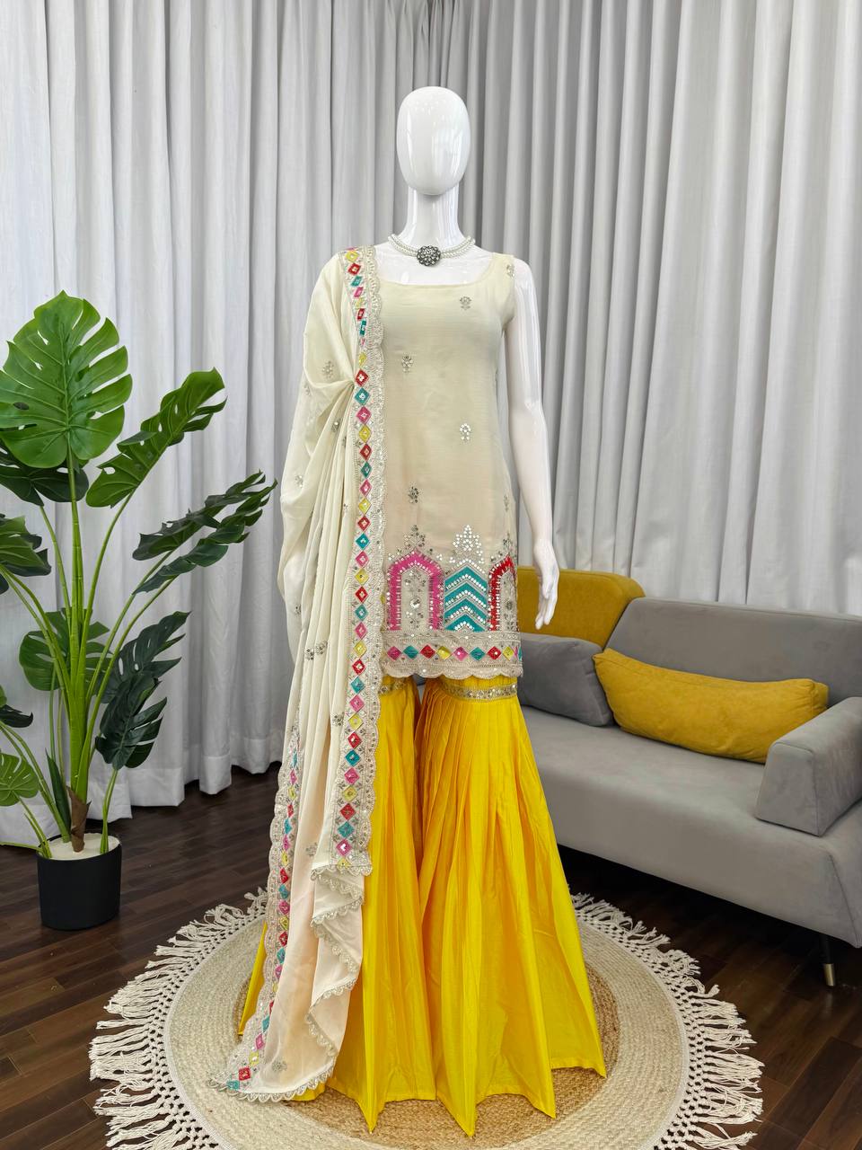 Party Wear Heavy Chinon Silk Embroidered Sharara Suit Set