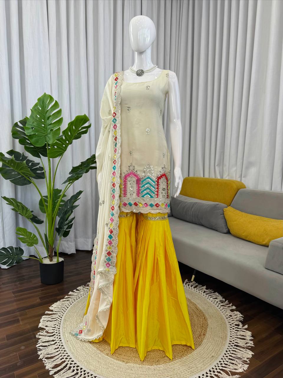 Party Wear Heavy Chinon Silk Embroidered Sharara Suit Set