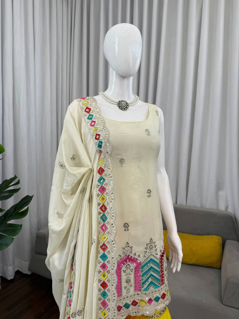 Party Wear Heavy Chinon Silk Embroidered Sharara Suit Set