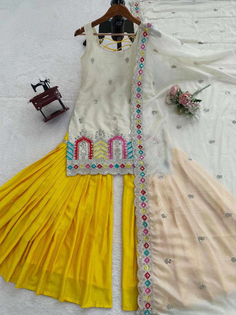 Party Wear Heavy Chinon Silk Embroidered Sharara Suit Set