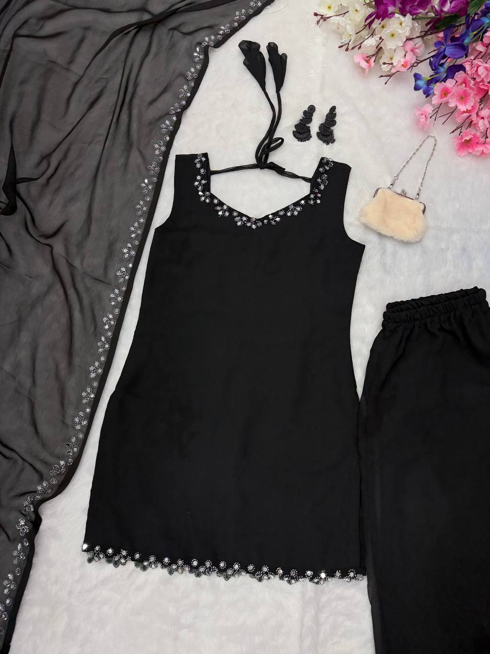 Wedding Wear Black Color Georgette Kurta With Real Mirror Work Palazzo Suit