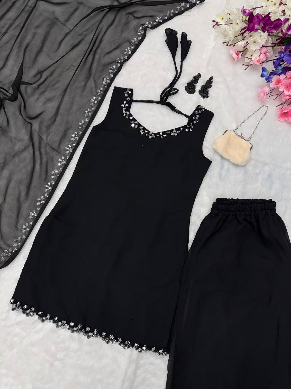 Wedding Wear Black Color Georgette Kurta With Real Mirror Work Palazzo Suit