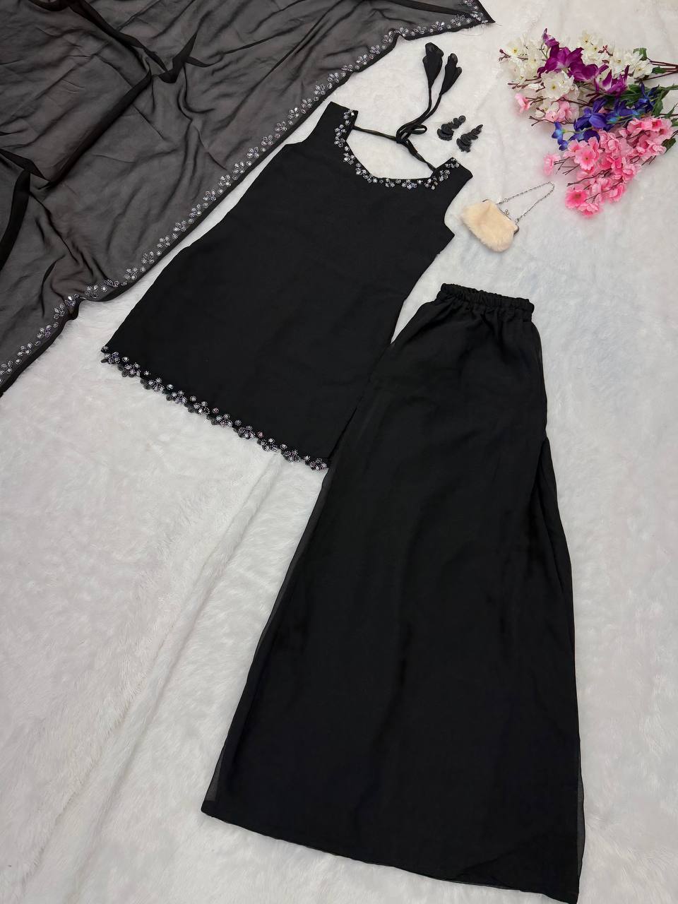 Wedding Wear Black Color Georgette Kurta With Real Mirror Work Palazzo Suit