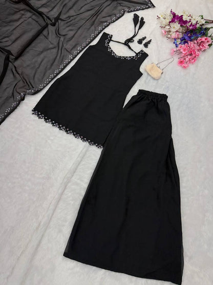 Wedding Wear Black Color Georgette Kurta With Real Mirror Work Palazzo Suit